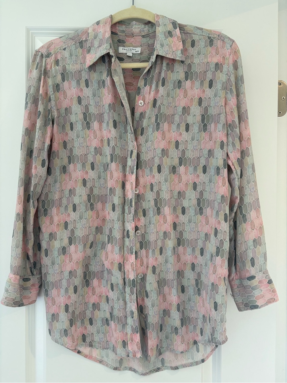 Equipment Hex-Print Blouse in Pink, Gray & Cream
